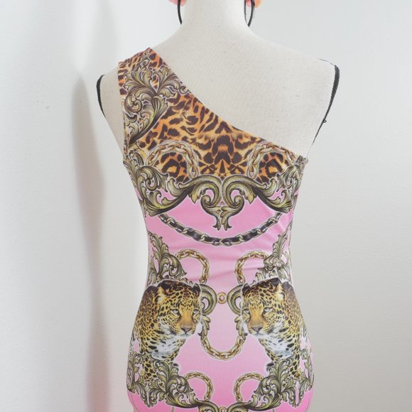 Symphony One Shoulder Pink Gold Baroque Leopard Graphic Size Medium Dress - Picture 9 of 11
